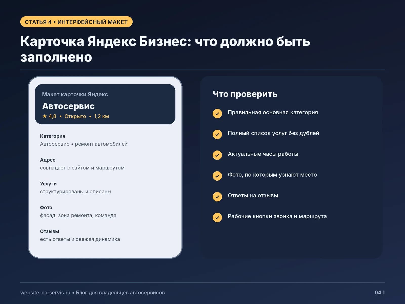 Чек-лист карточки Яндекс Бизнес для автосервиса